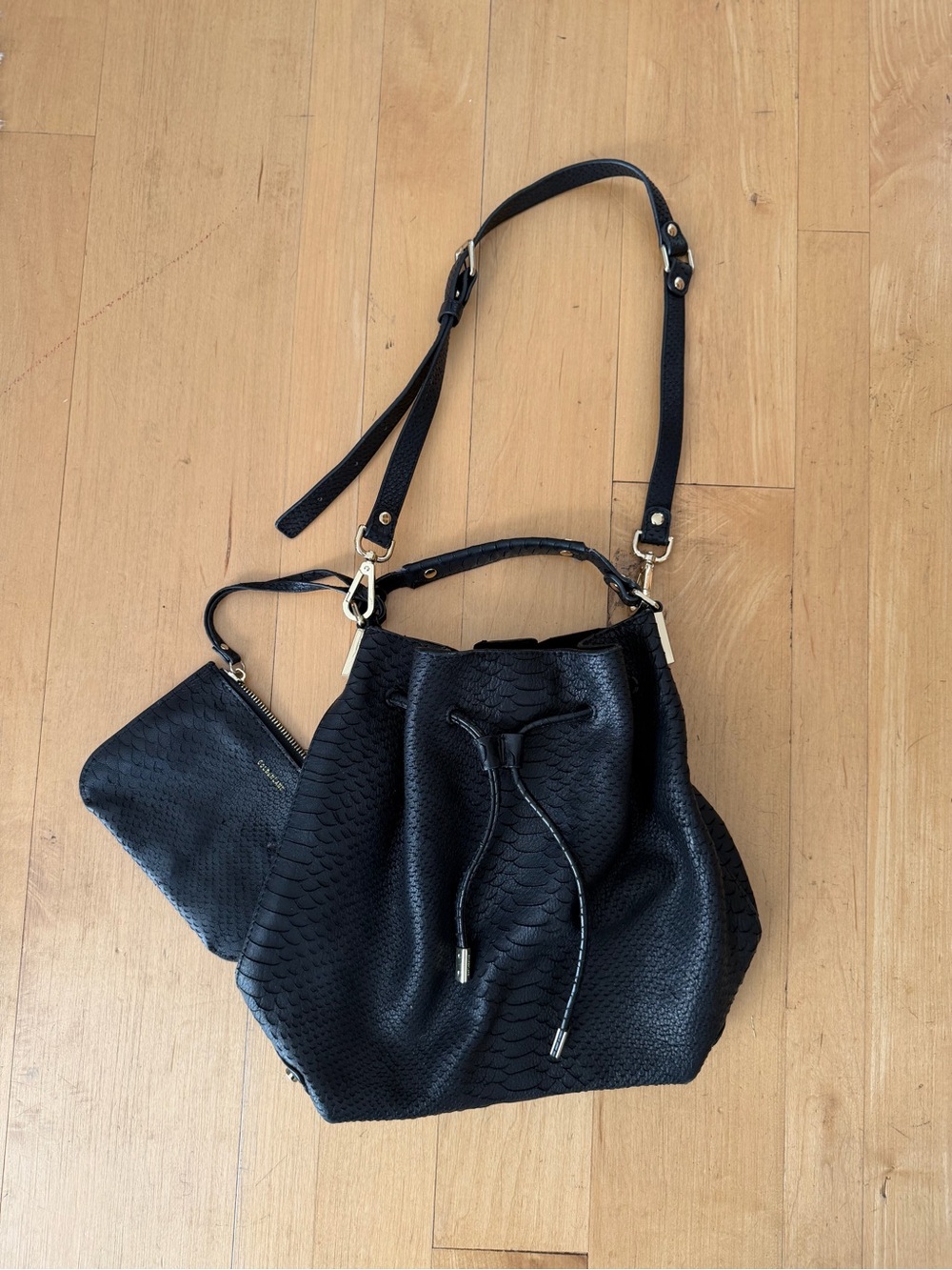 Golden Lane Gray Embossed Leather Drawstring Bucket Bag